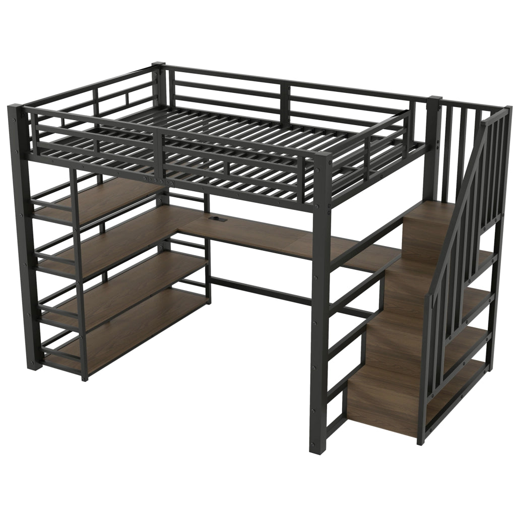 Letto a soppalco 140x200 cm in metallo con scrivania integrata; scaffali; LED e stazione di ricarica; nero