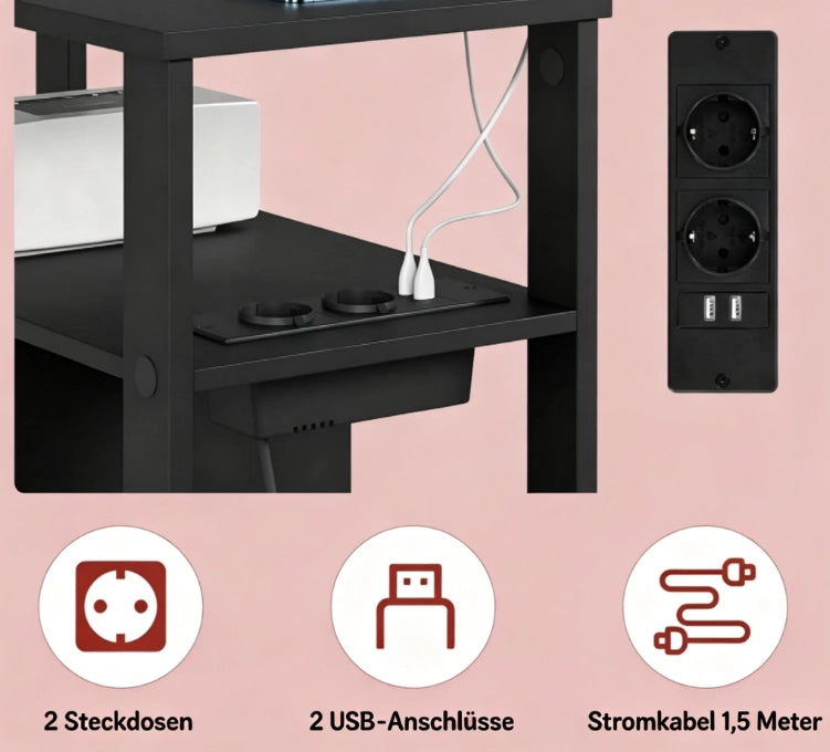 Tavolino da salotto con 2 cassetti; 2 ripiani aperti e prese USB e AC; per soggiorno e camera; 60×60×30 cm
