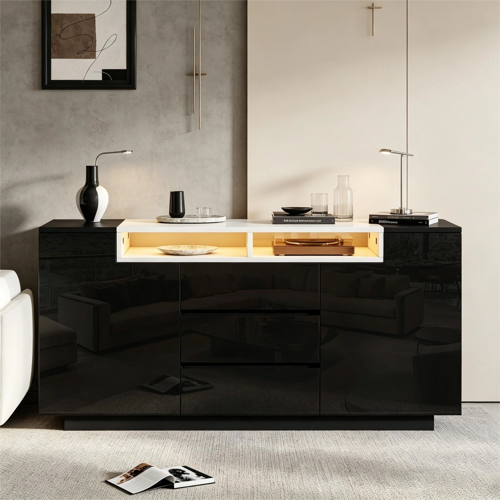 Credenza soggiorno nera 140 cm mobile buffet lucido con LED e cassetti