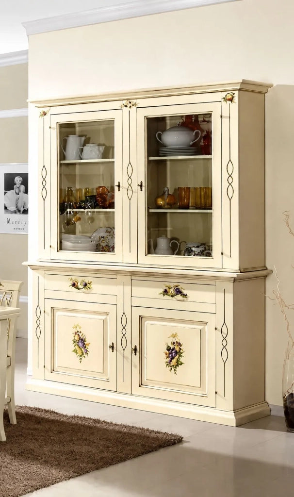 Cristalliera shabby avorio pennellato decori 168x48x222 - Mobili 2G