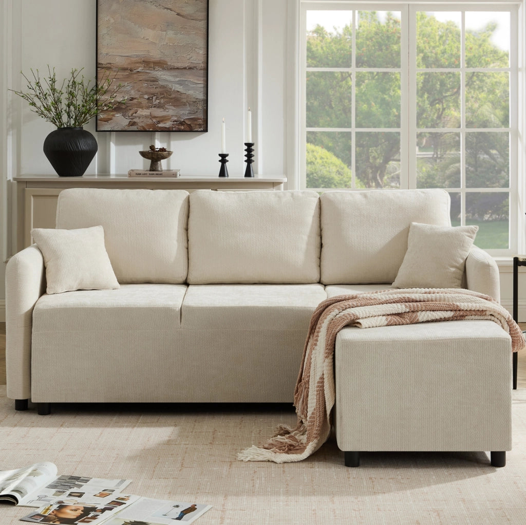 Divano angolare a L 3 posti in ciniglia beige chiaro con 2 cuscini