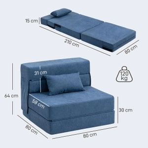 Poltrona letto 3 in 1 pieghevole blu con cuscino, trasformabile in chaise longue e materasso per piccoli spazi