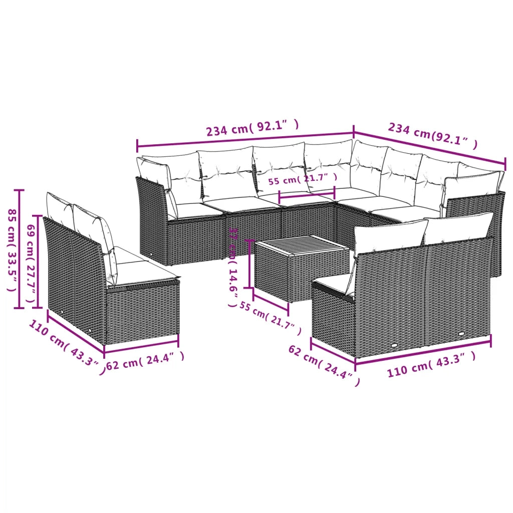 Set Divani da Giardino 12 pz con Cuscini Nero in Polyrattan 3223704