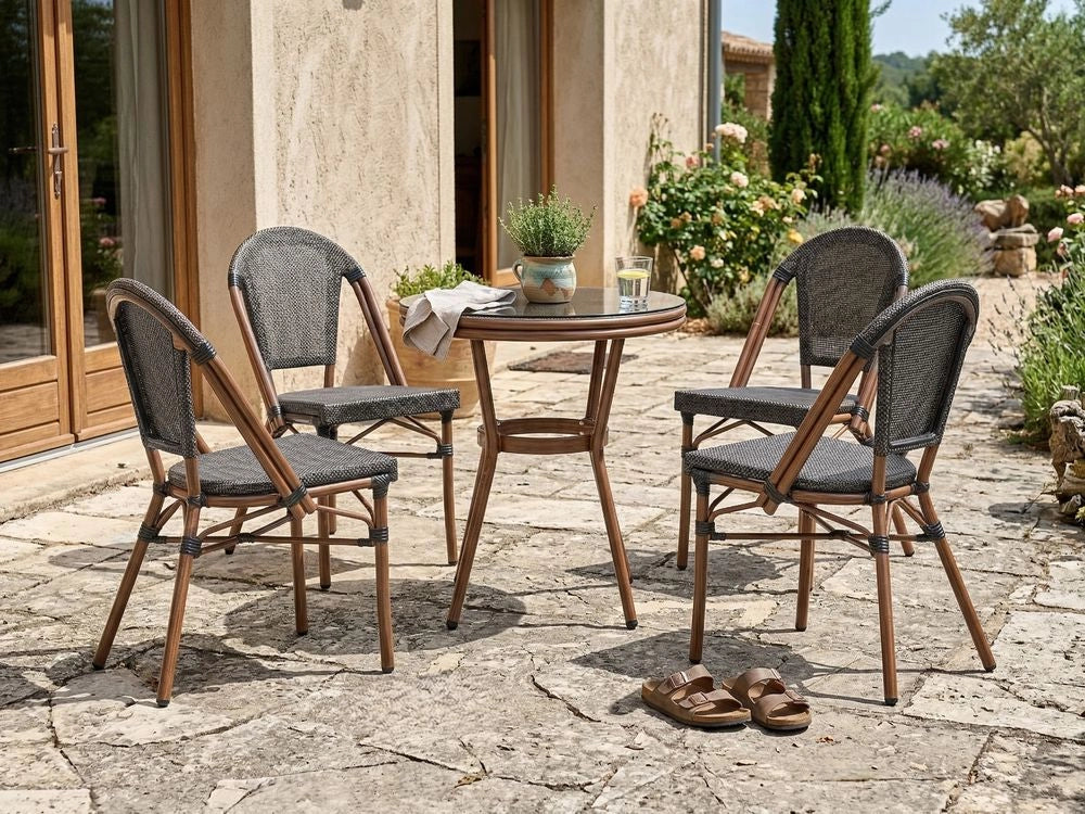 Tavolo da giardino con piano in rattan PE grigio, ø 70 cm struttura in vetro e alluminio