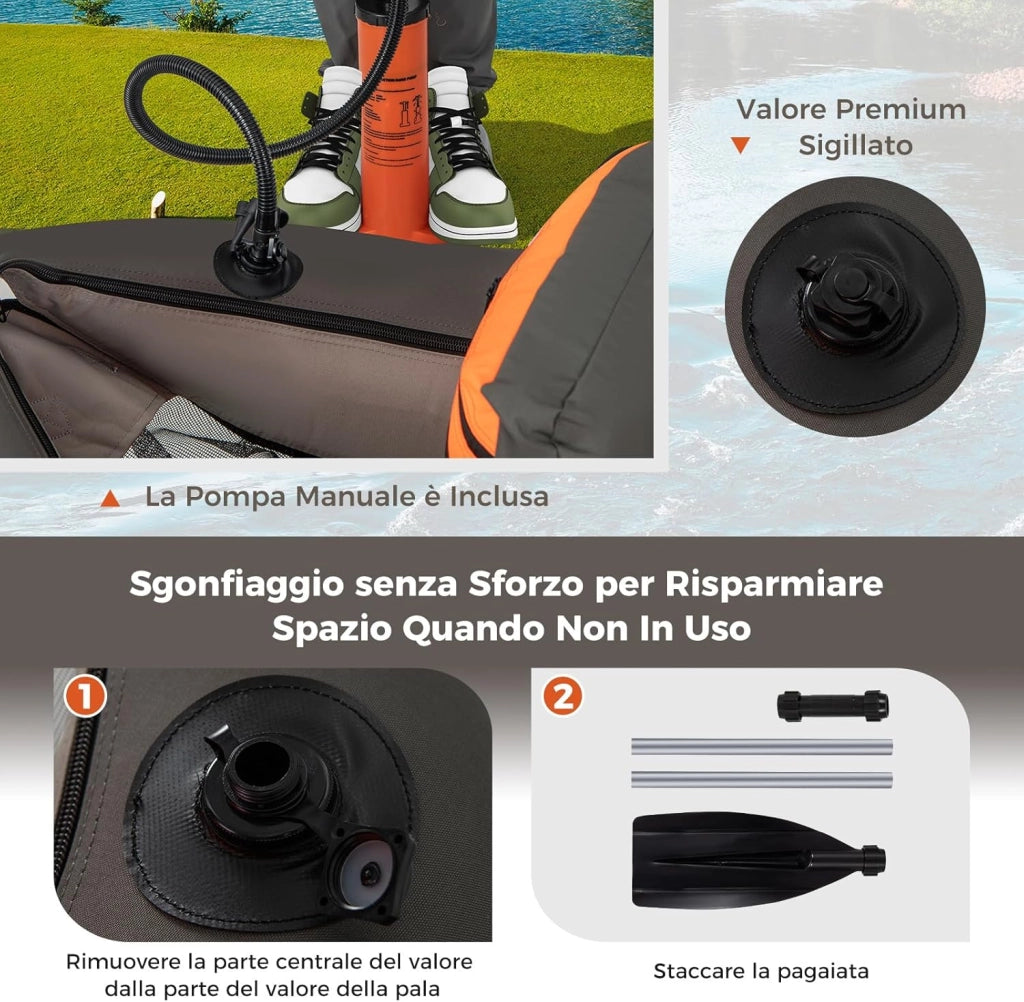 Belly Boat da Pesca Portatile, Gommone Gonfiabile da Pesca con Porta Canne Regolabile, Pompa, Pagaia in Alluminio, Spallacci e Kit di Riparazione, Barca da Mare con 2 Pinne, capacità 160kg