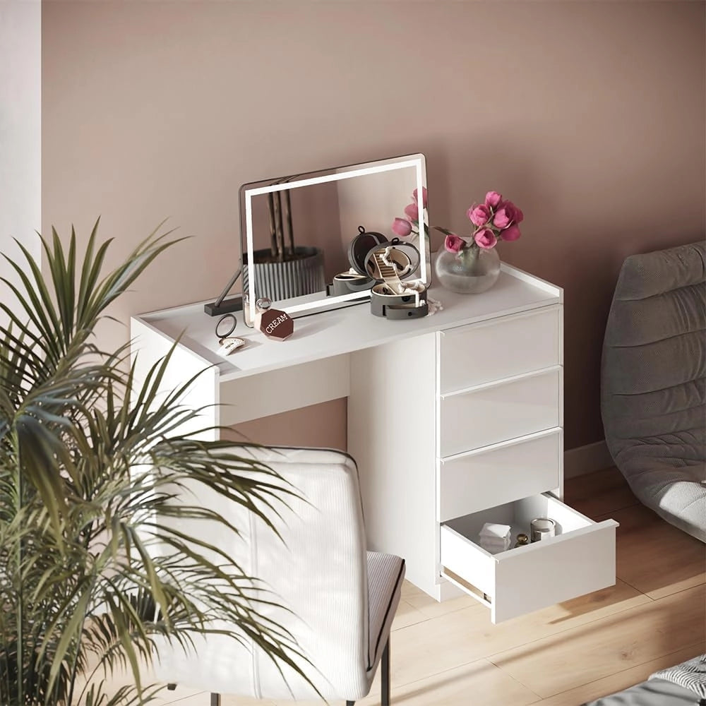 Tavolo da toeletta Viktoria, Bianco, 110 cm con 4 cassetti, porta un tocco moderno all’ambiente