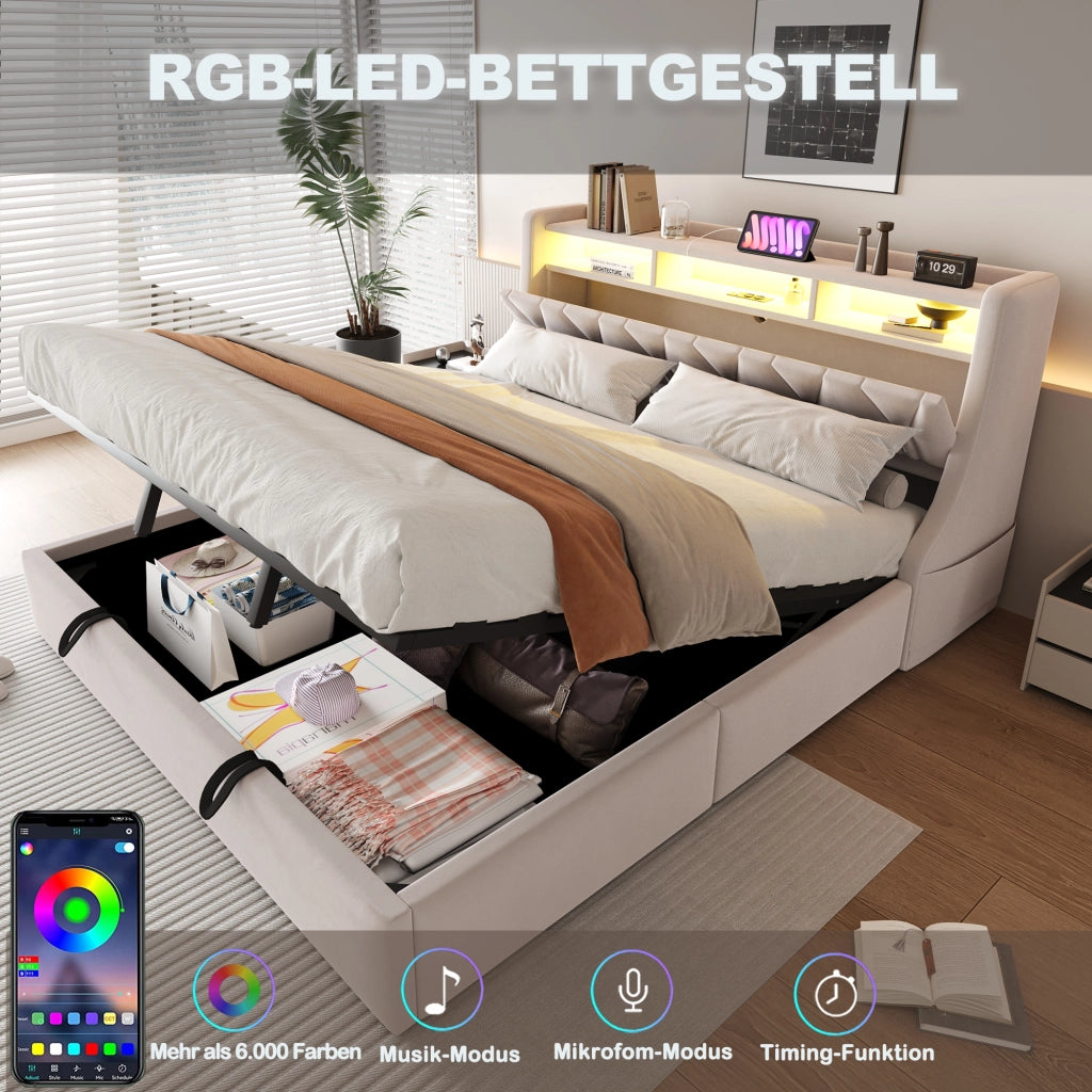 Letto matrimoniale contenitore 180x200 cm con testiera ribaltabile; prese; LED e piedi maggiorati; velluto beige