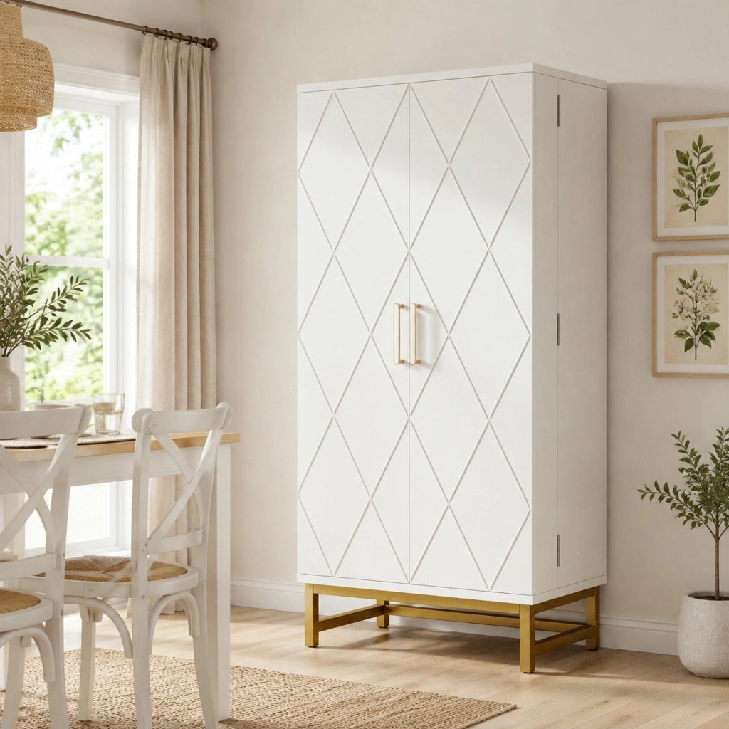 Mobile contenitore bianco con maniglie dorate, 60 x 40 x 130 cm