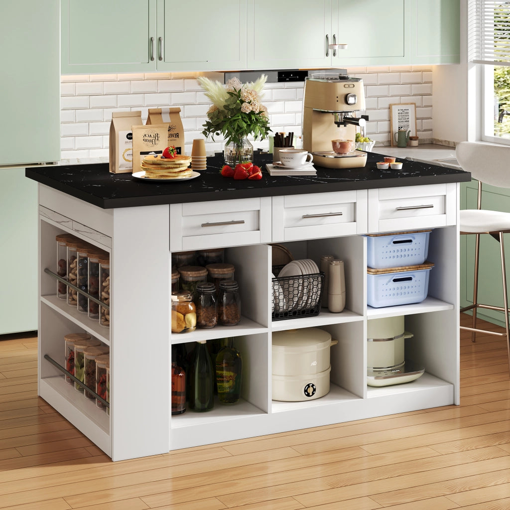 Isola da Cucina 150/246x90x90 cm con Tavolo Estraibile 96 cm; Piano Effetto Marmo; 6 Cassetti e Ripiani