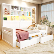 Letto singolo multifunzione 90x200 cm con armadio aperto; cassetti; LED; USB e vani portaoggetti; legno bianco