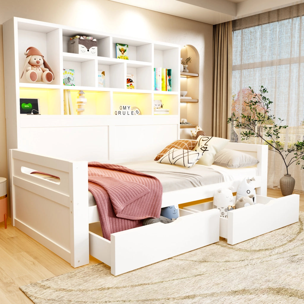 Letto singolo multifunzione 90x200 cm con armadio aperto; cassetti; LED; USB e vani portaoggetti; legno bianco