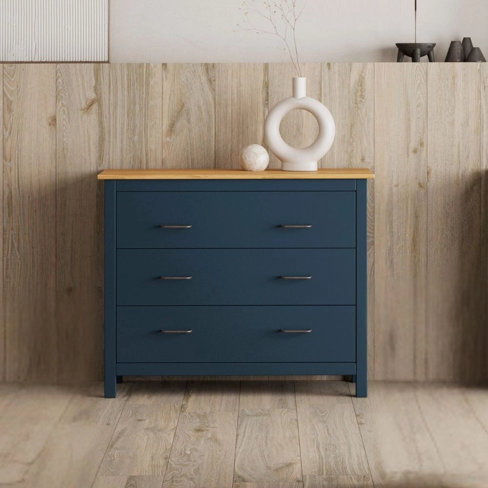 Comò Miranda in legno massiccio blu e pino 100x40x80H – Stile Elegante e Robusto