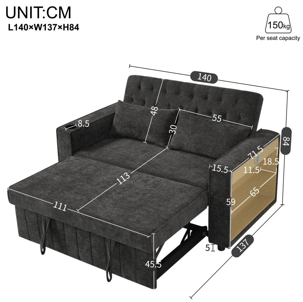 Divano letto 140x137x84 cm in ciniglia grigia con contenitore， USB e 2 cuscini
