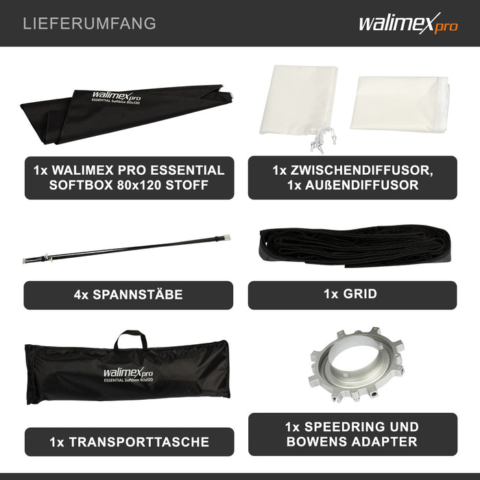 Essential Softbox 80x120cm, girevole a 360°, facile da montare, con griglia, adattatore Bowens e borsa di trasporto, per fotografia prodotti e persone