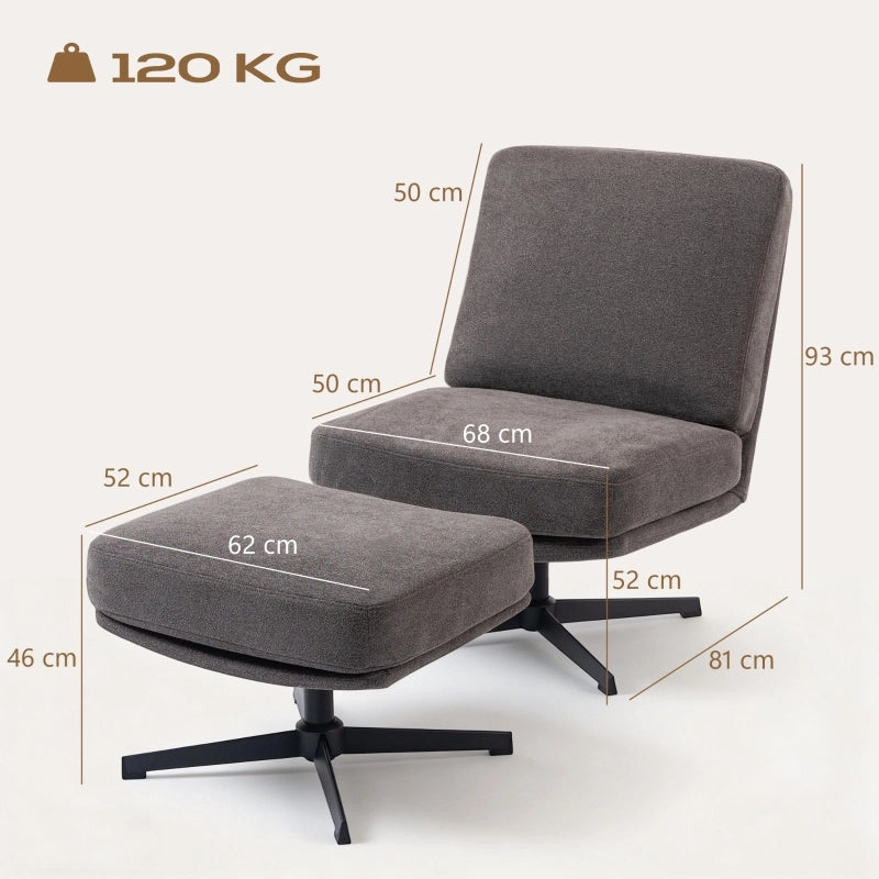 Poltrona girevole con pouf, relax con rivestimento effetto lino, grigio scuro