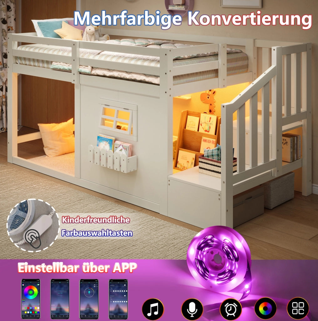 Letto a soppalco 90 x 200 cm con scala contenitore; LED e finestra; pino e MDF bianco