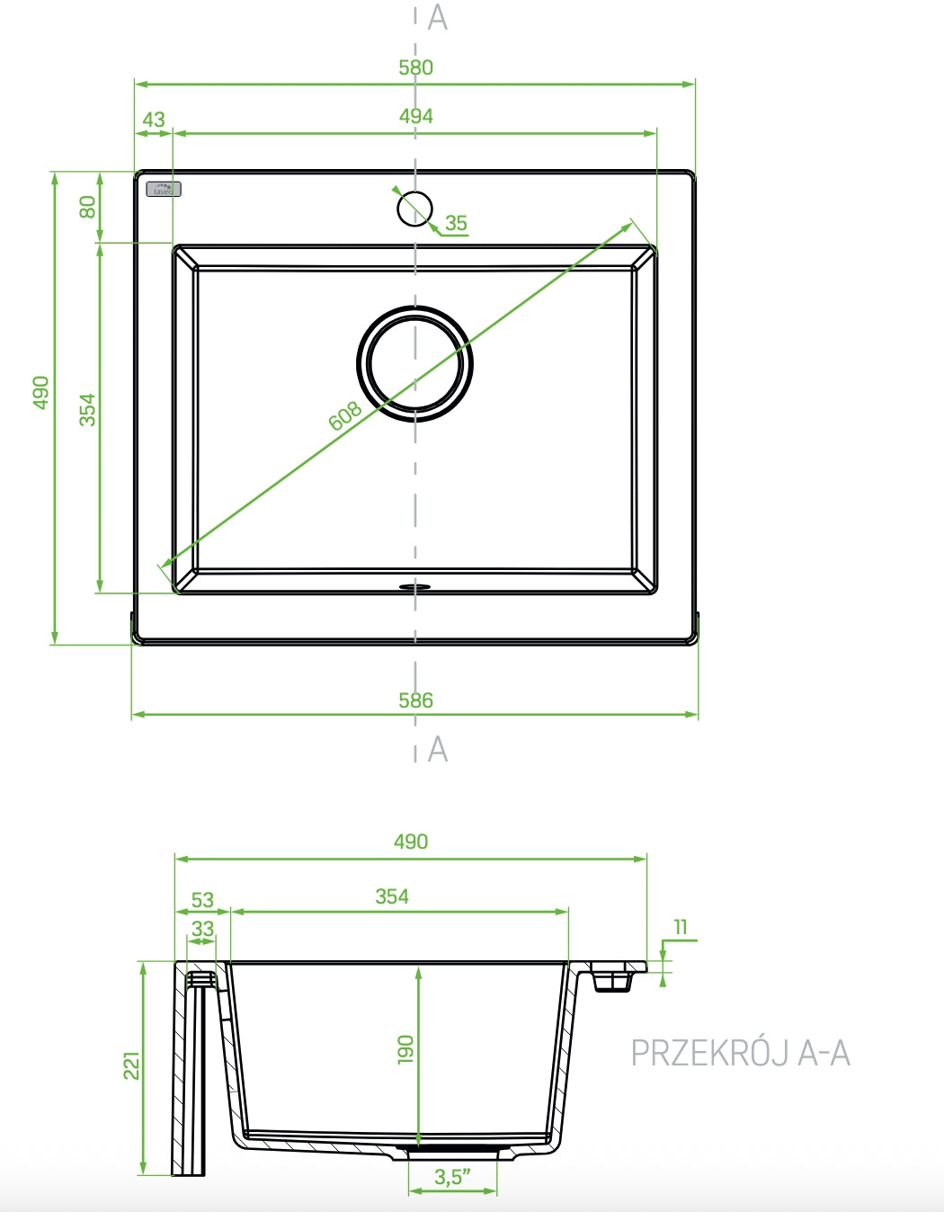 Lavello a Vasca Singola con Grembiule 63x49 cm | Ceramica Moderna, Sifone Salvaspazio Incluso