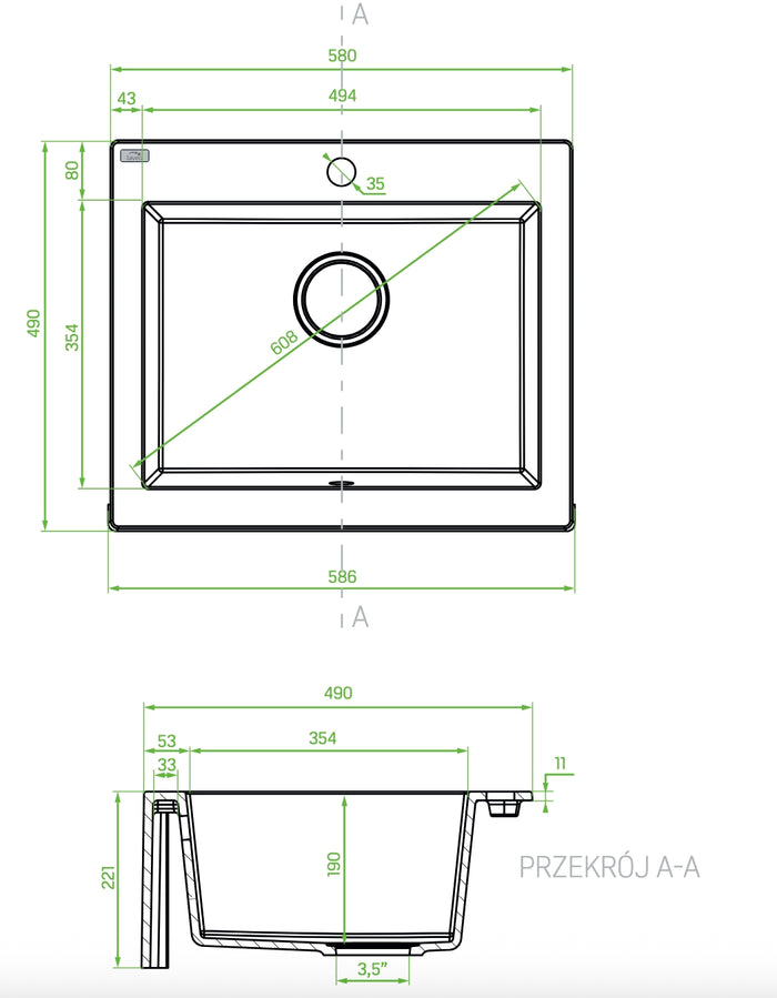 Lavello a Vasca Singola con Grembiule 63x49 cm | Ceramica Moderna, Sifone Salvaspazio Incluso