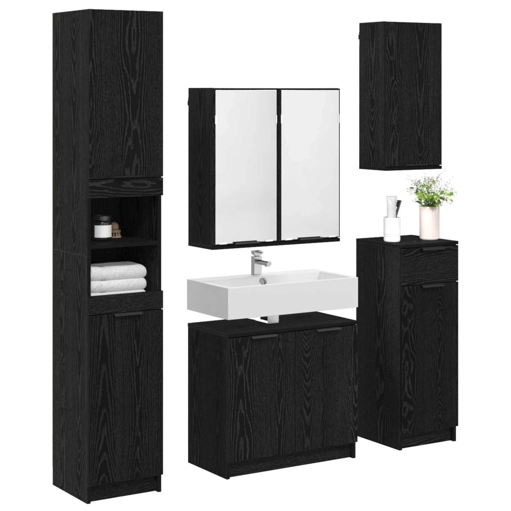 Set di mobili per il Bagno | Armadio da bagno 5 pz Rovere Nero Legno multistrato