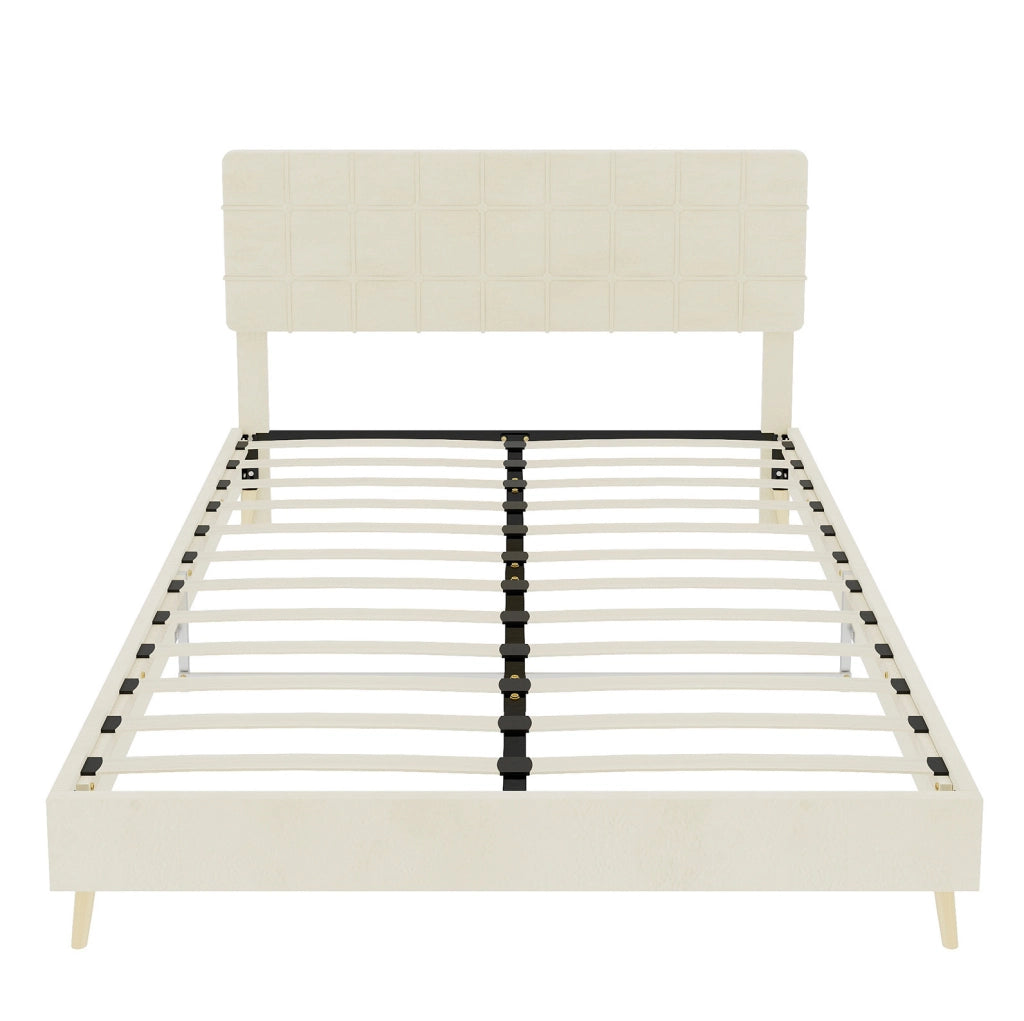 Letto 160x200 cm con testiera trapuntata in velluto beige