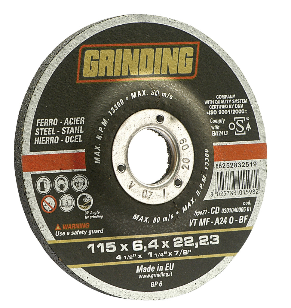 Grinding DISCO ABRASIVO CENTRO DEPRESSO per levigatura ferro Ø mm. 115x6,4x22,2 25.00 pz