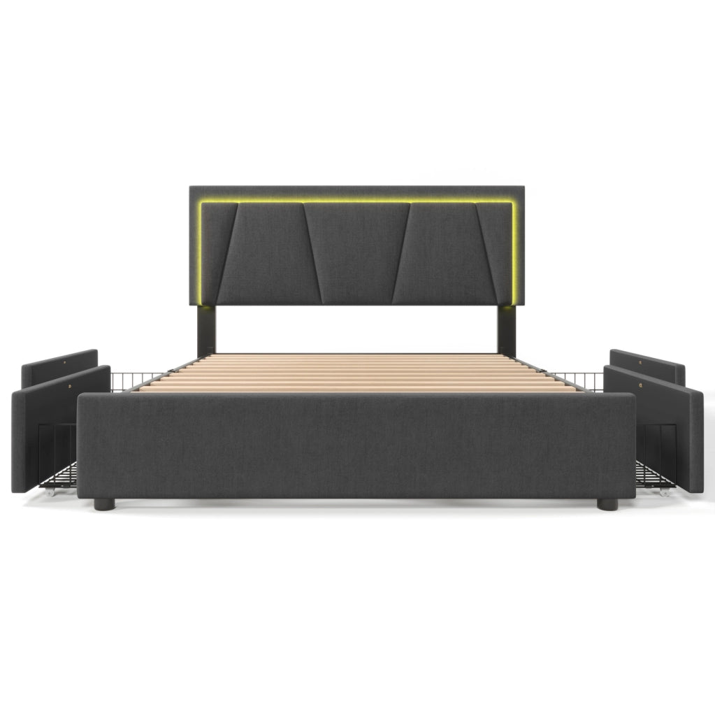 Letto contenitore 140x200 cm con LED; testiera regolabile e 4 cassetti; grigio