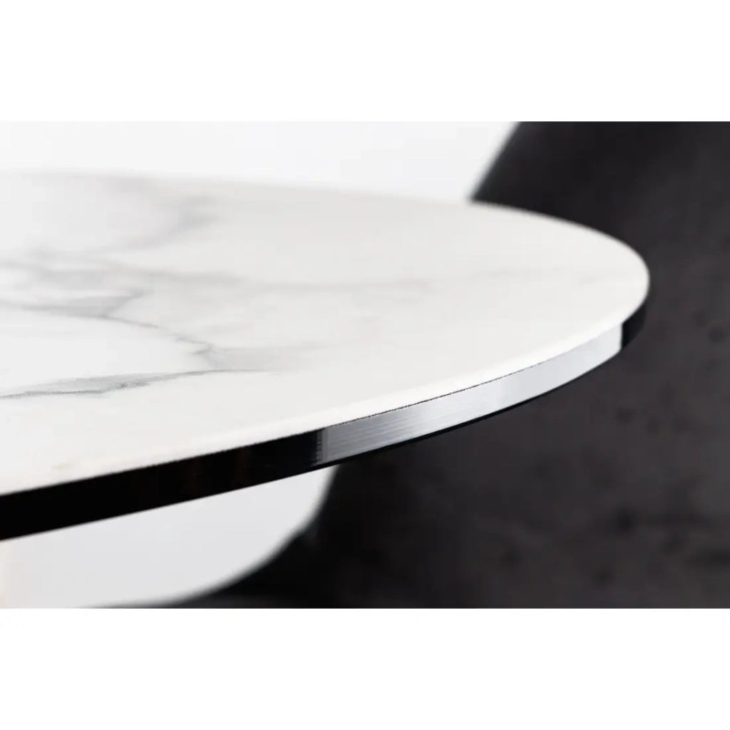 Tavolo da pranzo BAUMA 120 cm – Piano rotondo in ceramica effetto marmo bianco e gambe in metallo – Stile moderno chic