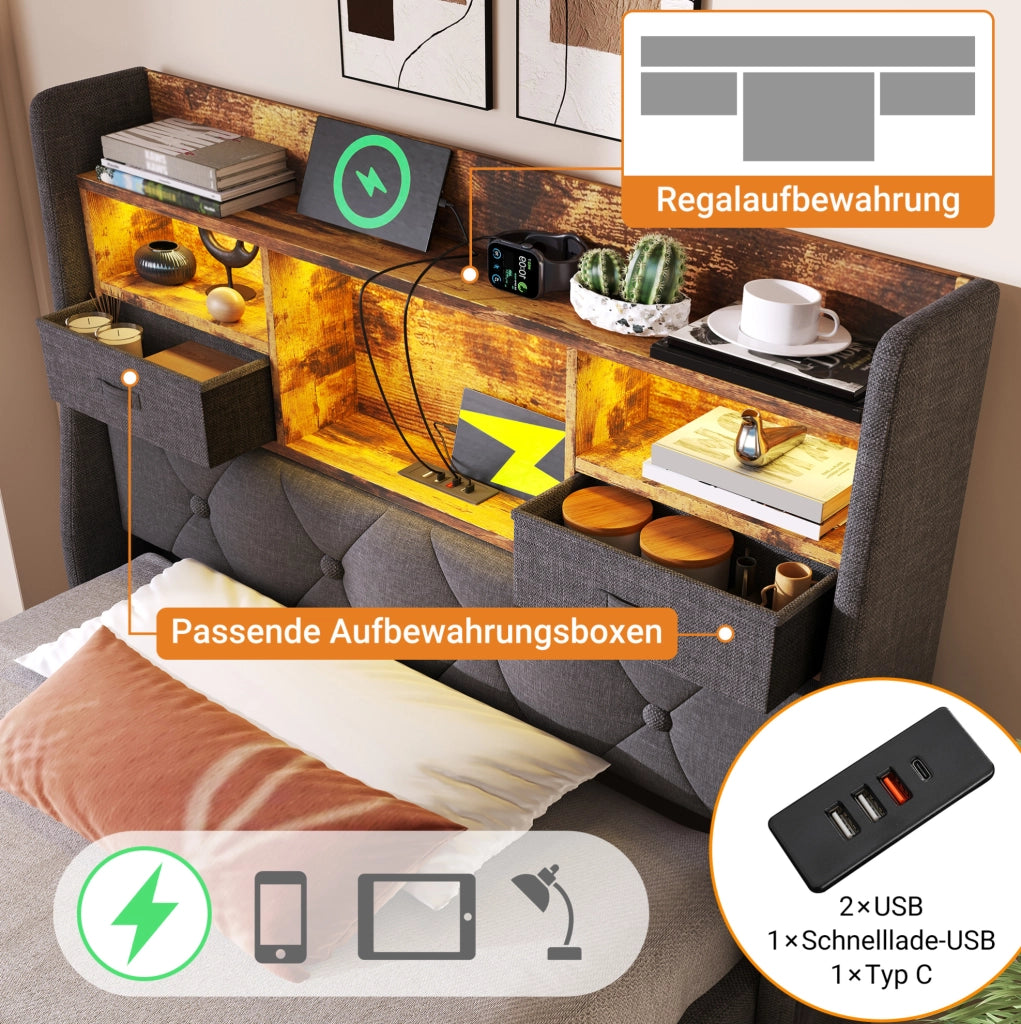 Letto imbottito grigio con contenitore, LED e ricarica integrata