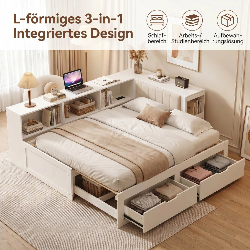 Letto combinato 90 × 200 cm estensibile con scrivania, presa elettrica EU, 2 cassetti, senza materasso, bianco