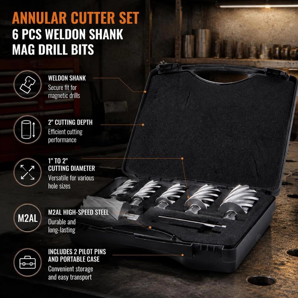 Metal Core Drill Set, 6 Pieces: 1, 1-1/8, 1-1/4, 1-1/2, 1-3/4, 2 Inch; Core Drill Set, 50.8 Mm Cutting Depth; Ring Cutter Set, Made Of M2AL High-speed Steel; Accessories For Magnetic Drilling Machines