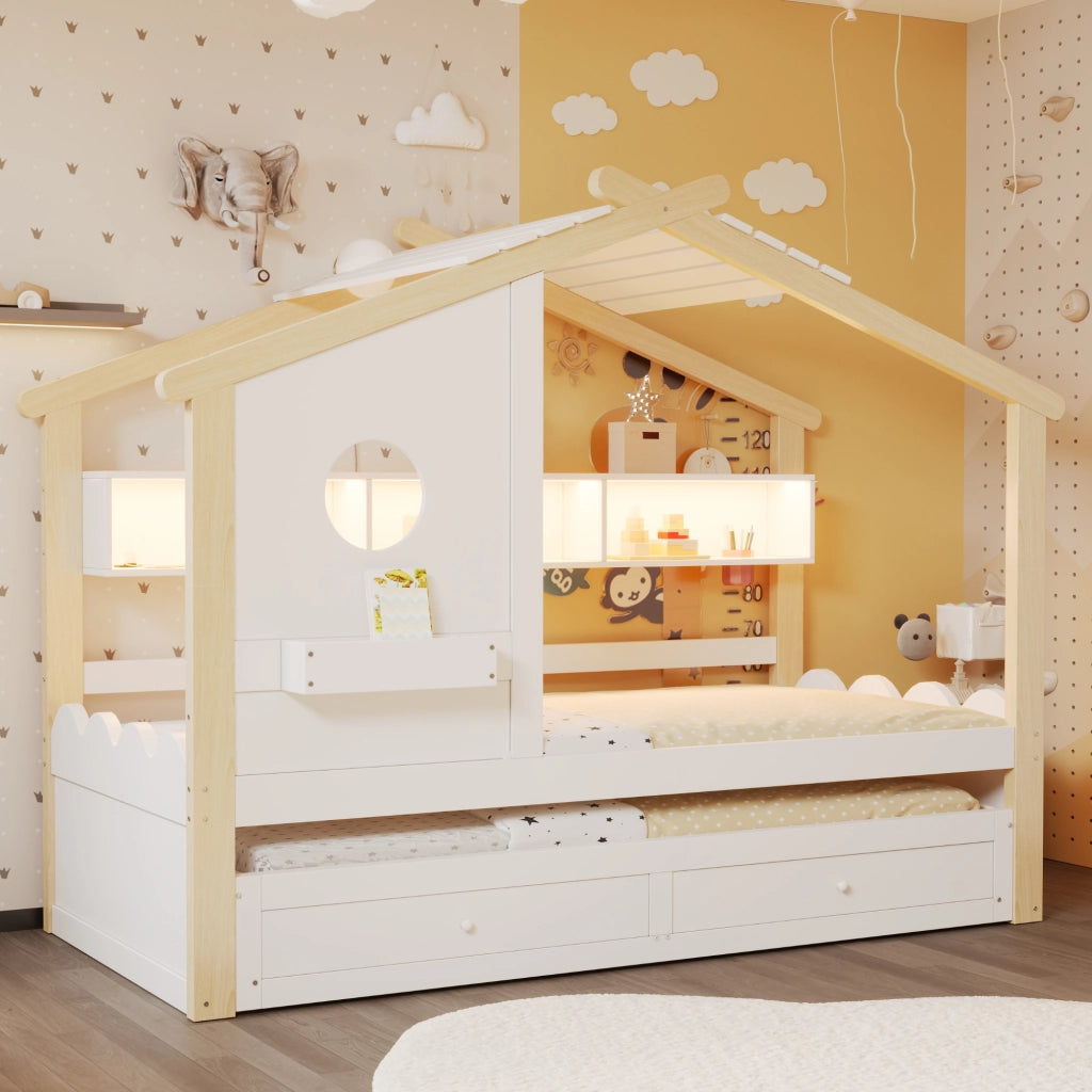 Letto 90200 bianco+legno letto extra 90190 design della casa cassetti USB+Type-C+LED mensole
