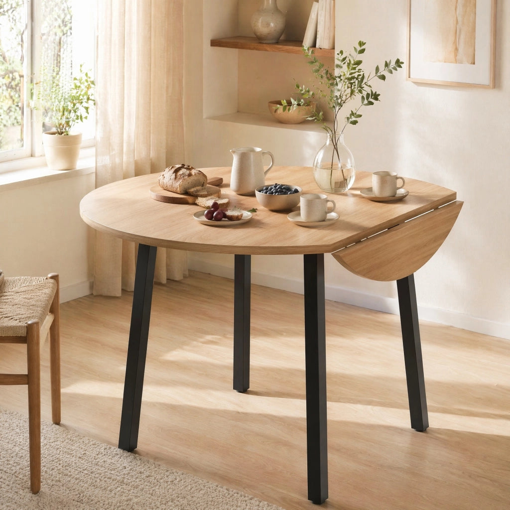 Tavolo da pranzo rotondo pieghevole 100x100 cm; effetto rovere; in MDF