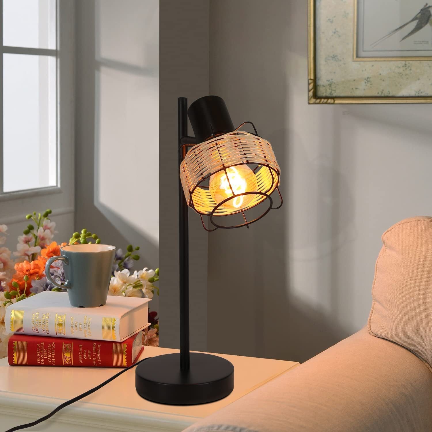 ZMH Lampada da tavolo rattan bambù boho rustico girevole E27 interruttore retrò per soggiorno camera