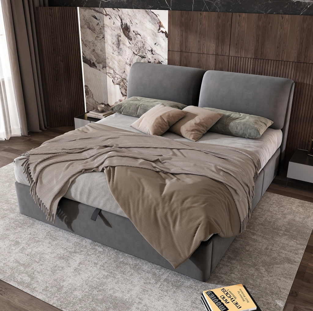 Letto imbottito 180x200 in velluto grigio con contenitore; 3 cassetti e testiera regolabile