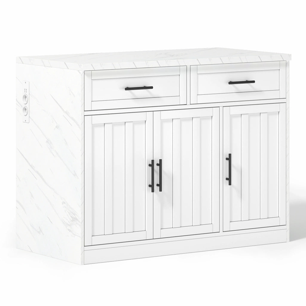 Isola da Cucina Fissa 120x60x91 cm Bianca Effetto Marmo con 2 Prese, 2 USB, 2 Cassetti e Zona Bar