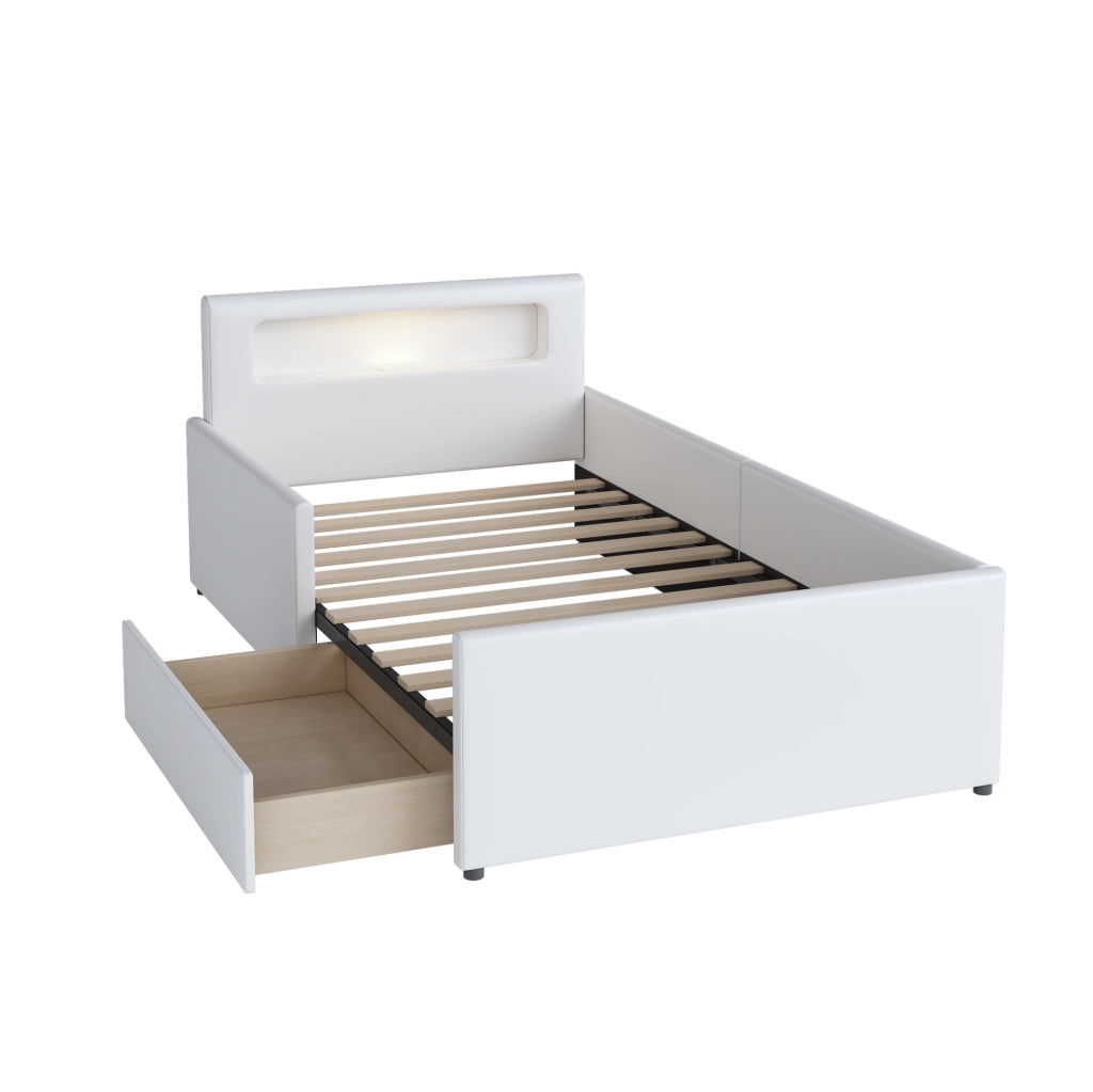 Letto imbottito bambini 90x200 cm; USB e luce notturna; cassetti; pelle sintetica; bianco