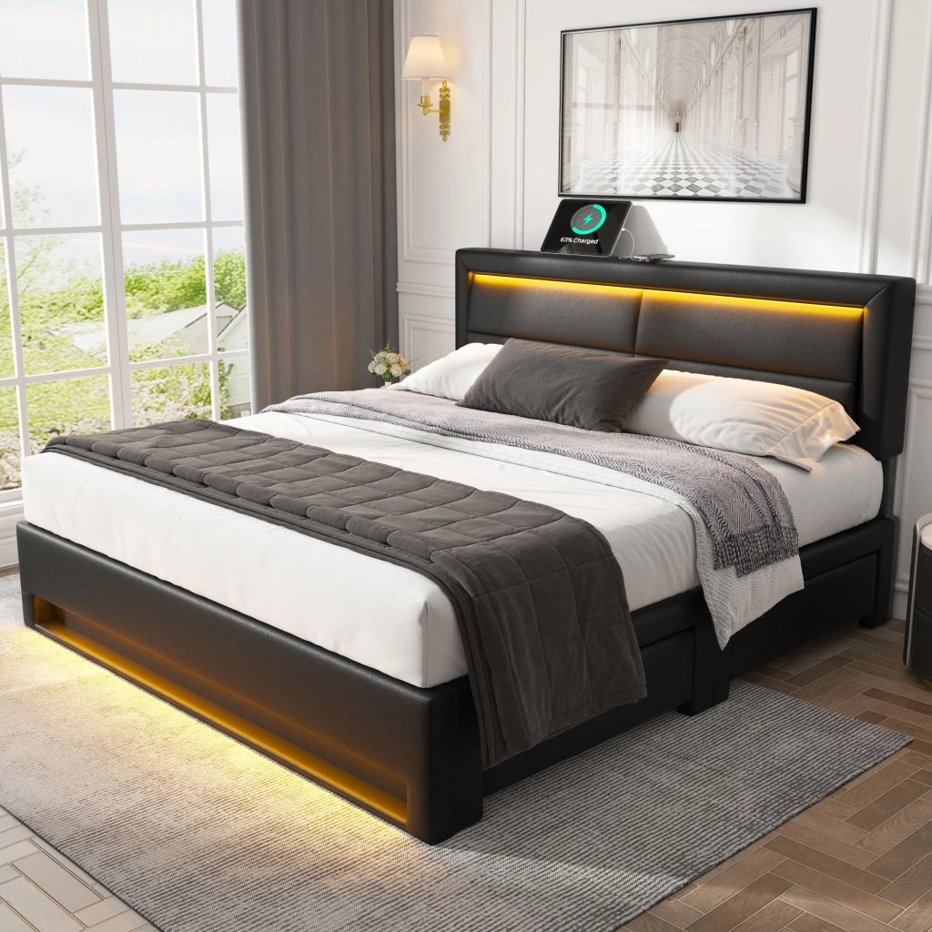 Letto imbottito 140 x 200 cm con USB, illuminazione LED e 4 cassetti, PU nero, senza materasso