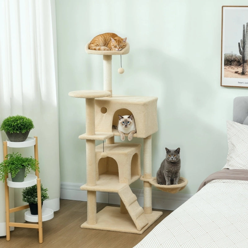 Tiragraffi per gatti con amaca, cuccia, scala e pali in sisal, beige