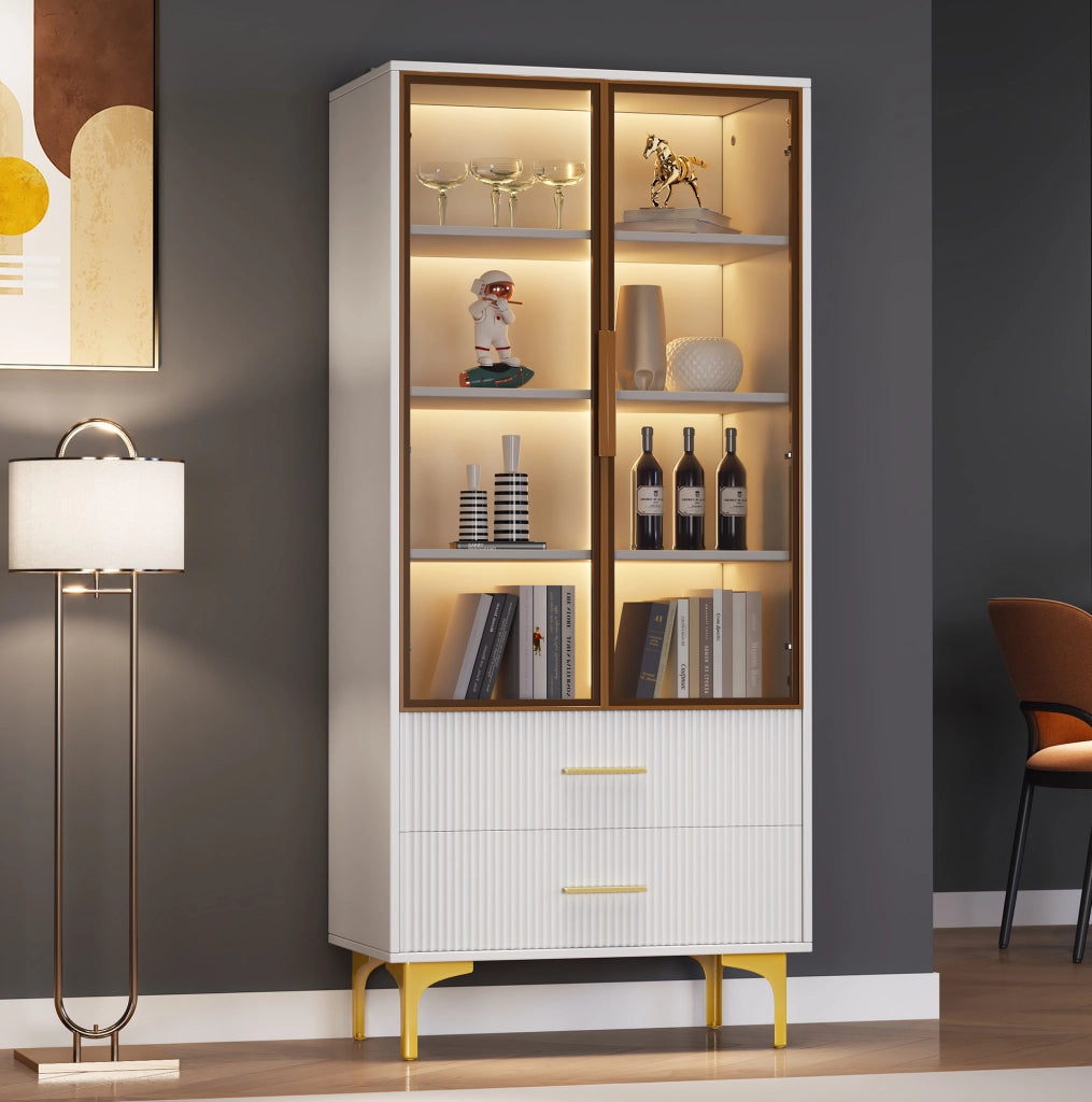 Vetrina in vetro con 2 ante e LED; 70x35x150 cm; bianco; in truciolare