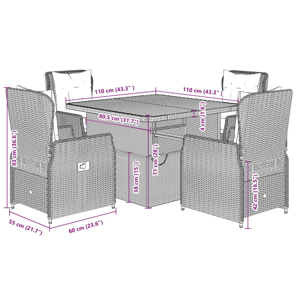 Set da Pranzo da Giardino 5 pz Nero con Cuscini in Polyrattan 3262767