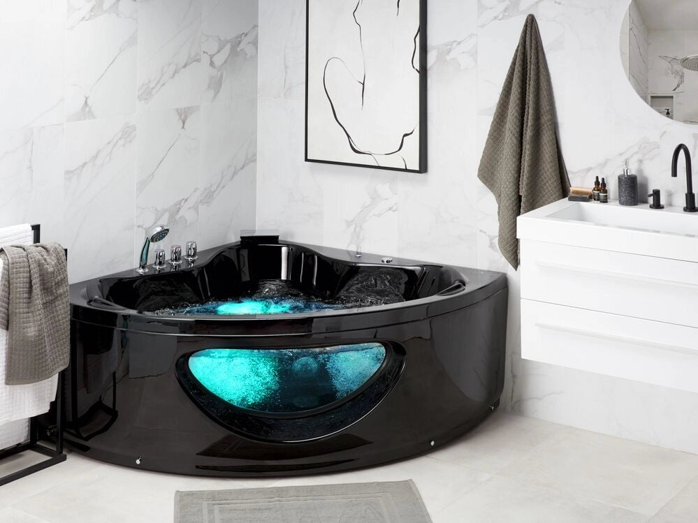 Vasca Idromassaggio Angolare Nero Sanitario Acrilico con Luci LED 10 Getti Massaggio 190 x 138 cm Stile Moderno