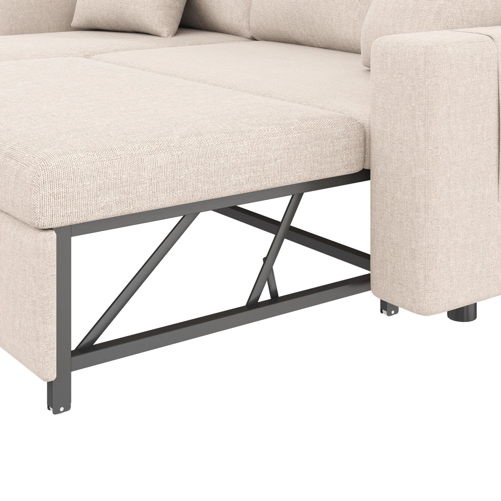 Divano letto angolare con chaise longue reversibile; contenitore e 2 cuscini; beige; 219;5 x 142;5 x 83 cm