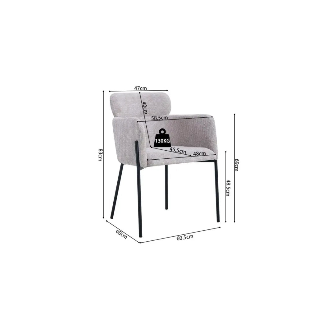 Sedia da pranzo CAMPBELL – Tessuto beige chiaro – Braccioli – Piedi in metallo nero – Stile design / industriale