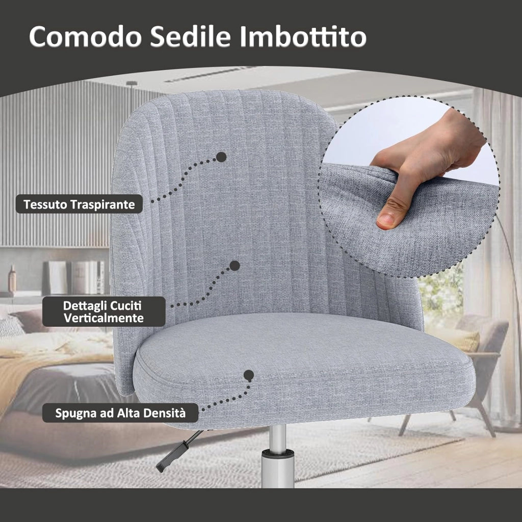 Sedia da Ufficio, Sedia da Scrivania Moderna senza Braccioli, con Schienale Curvo e Seduta Imbottita, Regolabile in Altezza con Rotelle Lisce per Camera da Letto (Grigio)
