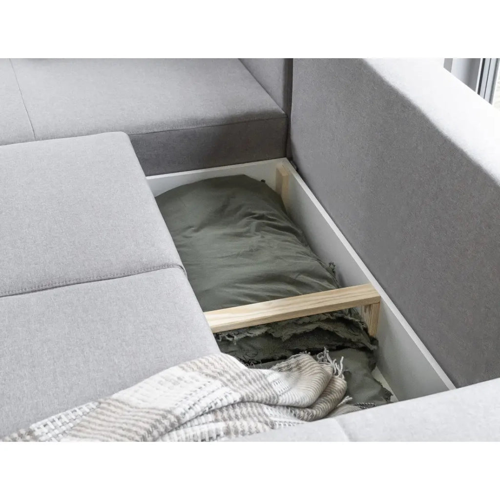 Divano angolare convertibile HASGARD 3 posti grigio 248x162 cm - contenitore e piedi in legno