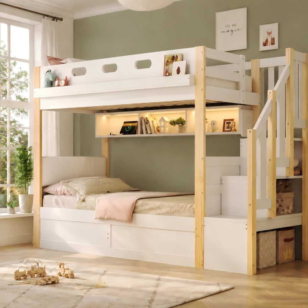 Letto a castello ULEVR 90x200 cm con contenitore idraulico, scala contenitore, LED e prese USB/Type-C, bianco