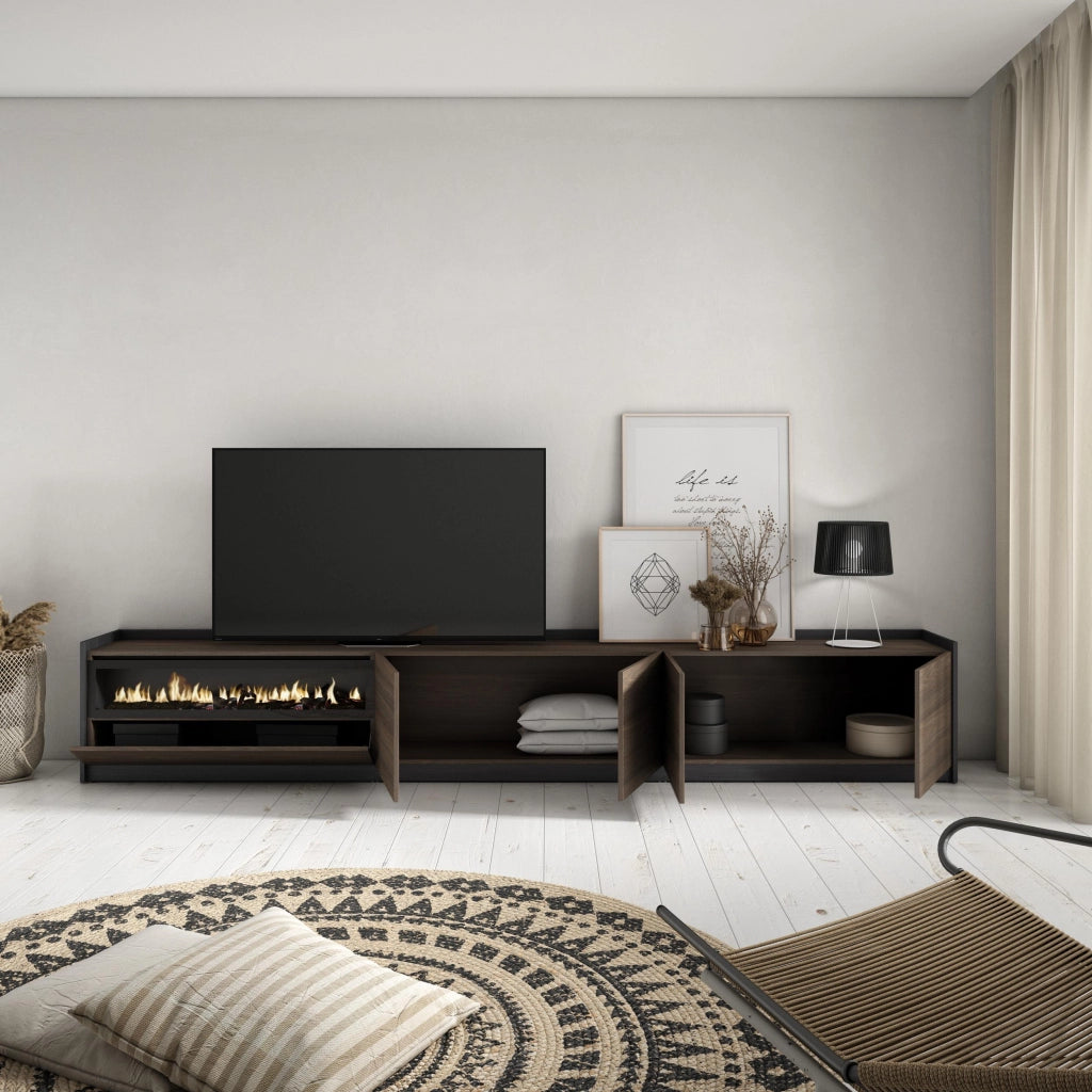 Mobile TV Soggiorno, 310x50x37 cm, Per TV fino a 80", Camino elettrico, Rovere scuro e Nero