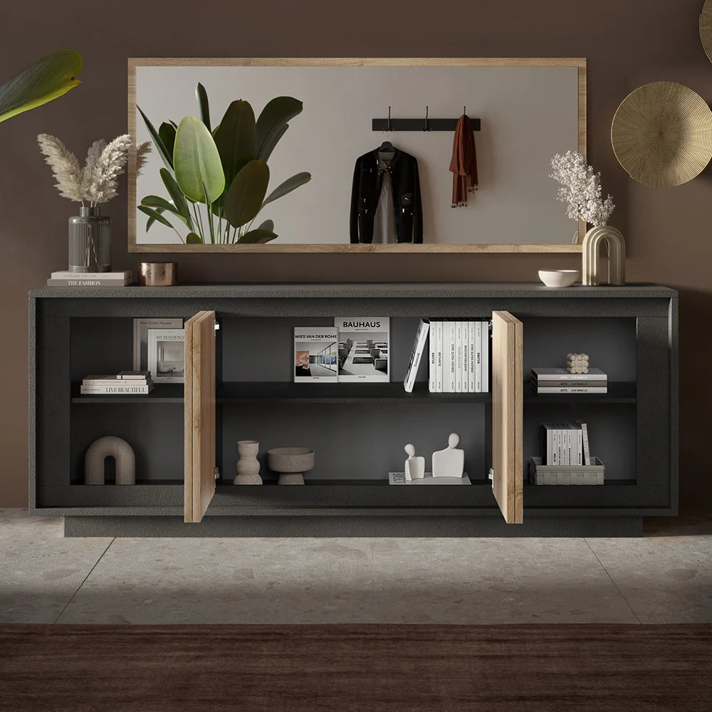 Madia 4 Ante Linea SKY L 207 Cm x H 80 Cm x P 50 Cm, realizzata in legno 100% MADE IN ITALY, design moderno per cucina, sala da pranzo, soggiorno colore Lava/Cadiz