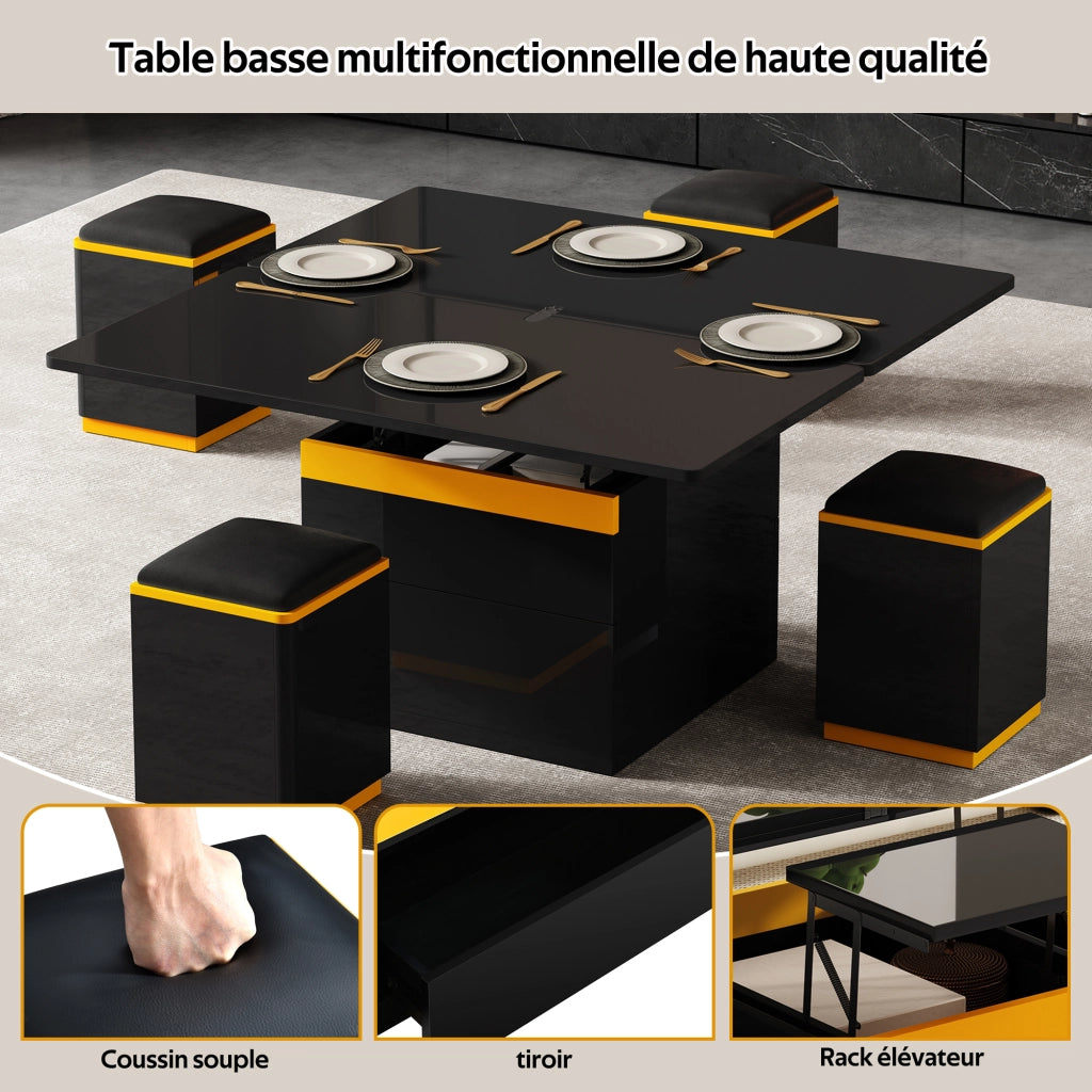 Tavolino Da Salotto Sollevabile con 4 Sgabelli e Contenitore; Piano Ribaltabile; Lucido Parziale; in MDF; 100×50×43 cm; Nero Giallo