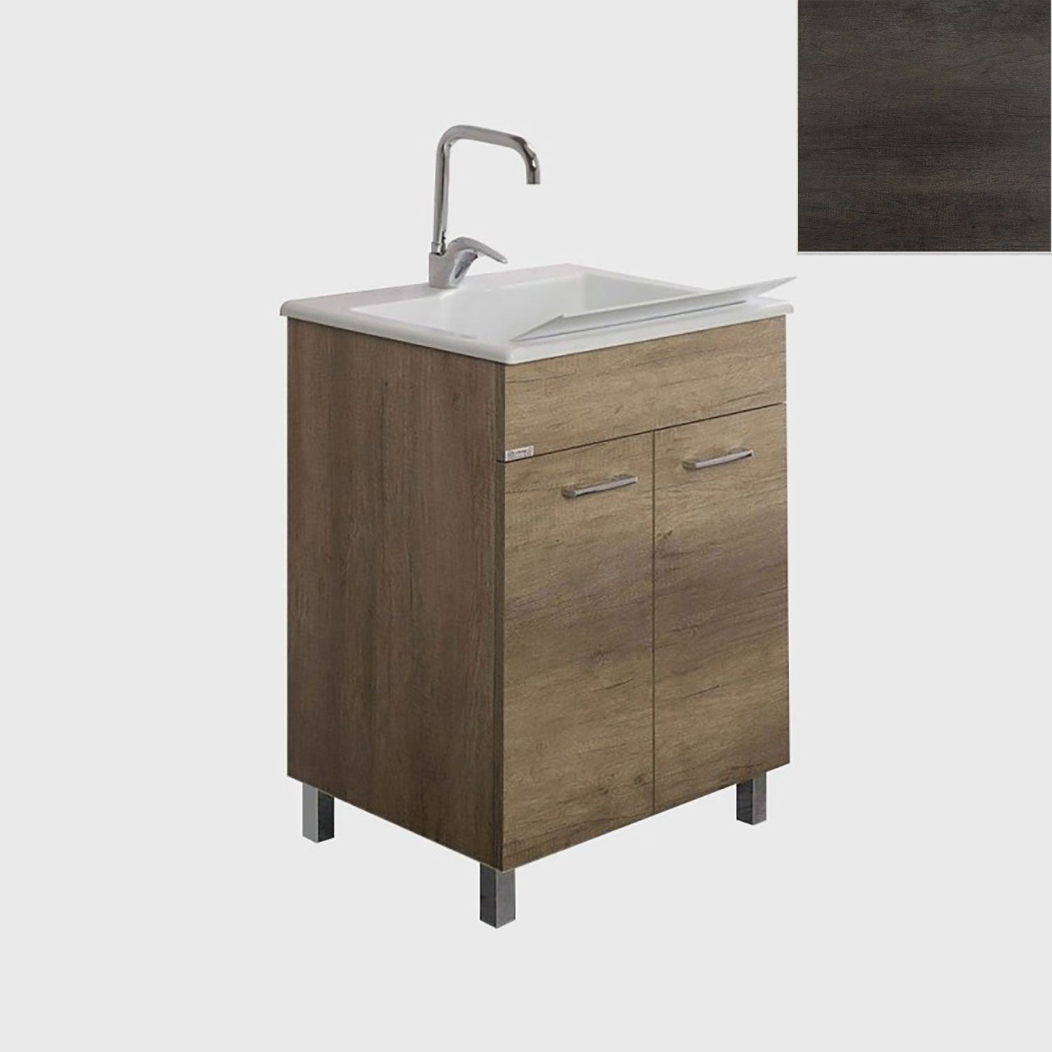 Mobile Lavatoio Vasca Zeus in MineralMarmo Apertura a 2 Ante 77,5x48x84 cm Olmo Scuro